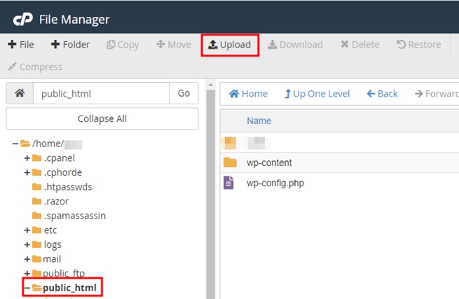 Click the Upload button to upload the secure WordPress files