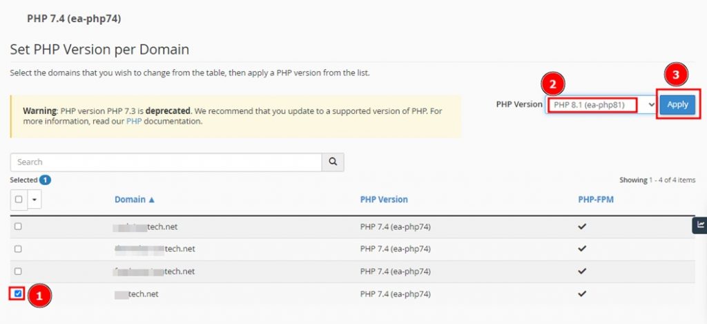 40 - Choose the PHP version and click Apply to update the PHP version on the site