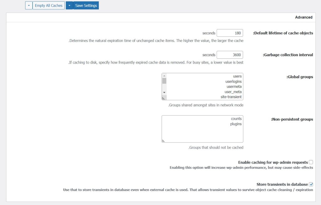 خيارات التخزين المؤقت للكائنات في إضافة W3 Total Cache